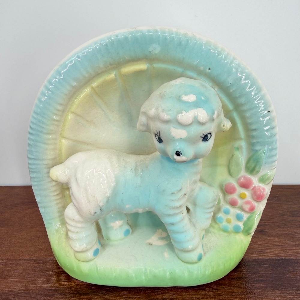 1950s Baby Lamb Sheep Planter Made in Japan Blue Kitsch Retro Nursery Decor 5"